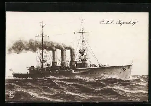 Künstler-AK S.M.S. Regensburg, das Kriegsschiff auf rauer See