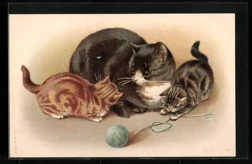 Lithographie Katzenmutter mit zwei Jungen und Wollknäuel