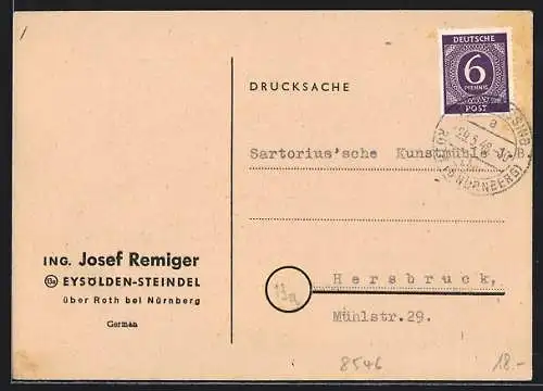 AK Eysölden-Steindel /Roth, Ing. Josef Remiger, Werbekarte Dienstleistung Maschinenschätzung