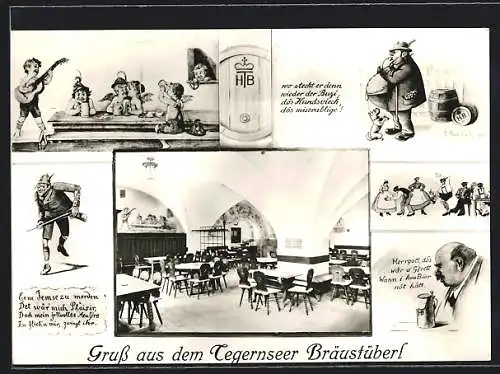 AK Tegernsee, Gasthaus Bräustüberl, Innenansicht, Wandgemälde