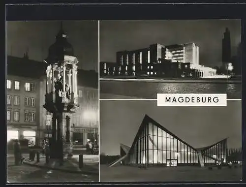 AK Magdeburg, Stadthalle und Ausstellungszentrum im Kulturpark Rotehorn, Alter Markt mit Denkmal d. Magdeburger Reiters