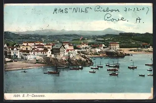 AK B. P.-Cascaes, Hafen mit Segelschiffen, Küste, Häuser und Landschaft