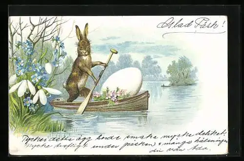 AK Osterhase in einem Boot mit riesigem Osterei