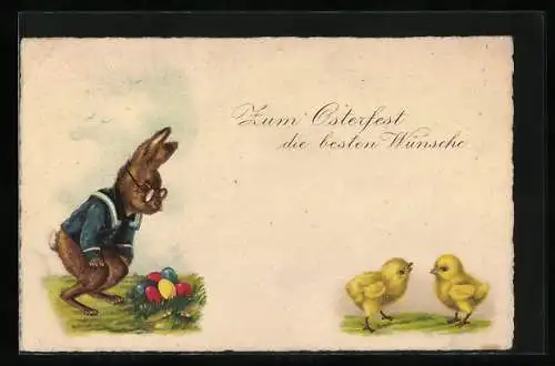 AK Osterhase mit bunten Eiern und Osterküken