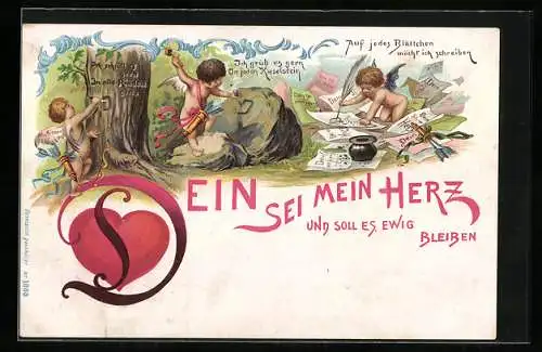 AK Amor ritzt Buchstaben in Rinde und Stein, schreibt Brief, Herz