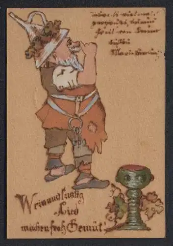 Holzbrand-Imitations-AK Mann mit einem Trichter auf dem Kopf und ein Weinkelch