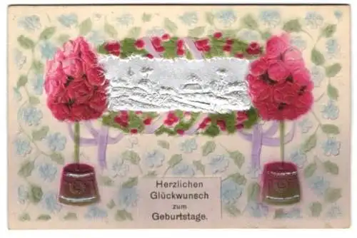 Präge-Airbrush-AK Landschaftsbild zwischen Rosensträussen, Geburtstagskarte