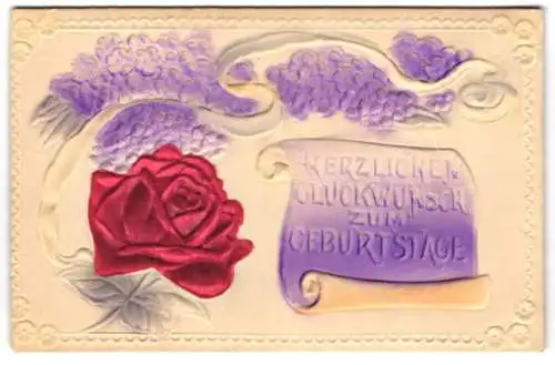 Präge-Airbrush-AK Geburtstagskarte mit Flieder und einer Rose aus echtem Stoff