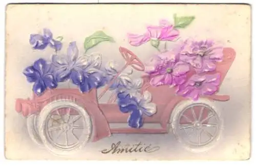 Präge-Airbrush-AK Auto das mit Blumen beladen ist