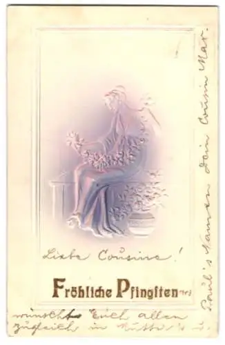 Präge-Airbrush-AK Pfingstgrusskarte, Frau mit Blumenkette