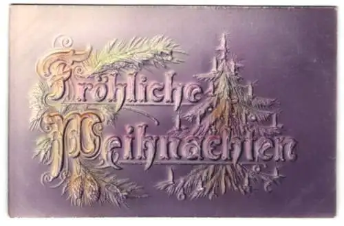 Präge-Airbrush-AK Weihnachtskarte mit Christbaum und Tannenzweigen