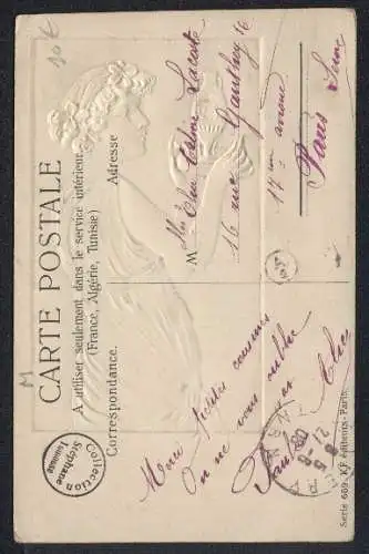 Präge-Airbrush-AK Frau mit Amphore und aufgeklebten Glitzersteinen