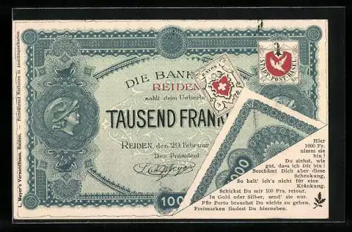 AK Banknote Tausend Franken, Private Stadtpost