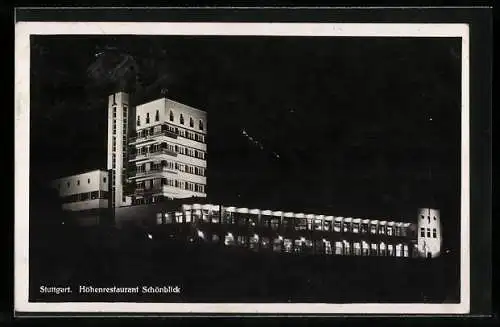 AK Stuttgart, Höhenrestaurant Schönblick bei Nacht, Bauhaus