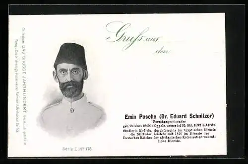 AK Portrait Emin Pascha (Dr. Eduard Schnitzer), Forschungsreisender mit orientalischem Hut