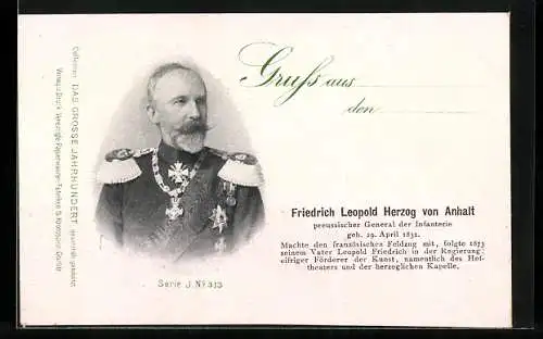 AK Herzog Friedrich Leopold von Anhalt, preuss. General der Infanterie