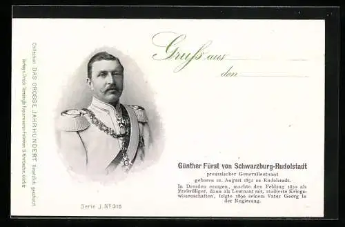 AK Günther Fürst von Schwarzburg-Rudolstadt in Uniform m. Epauletten & Orden