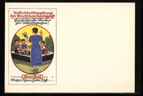 AK Unfallbekämpfung der Deutschen Reichspost, Erzieht die Kinder zur Unfallsicherheit, Lehrerin mit Kindern