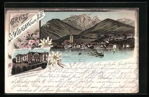 Vorläufer-Lithographie St. Wolfgang am See, 1895, Hotel und Pension P. Peter, Panorama