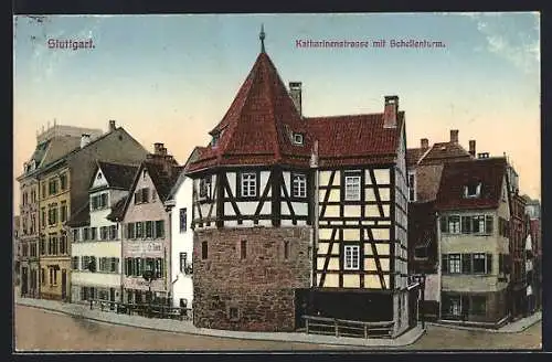 AK Stuttgart, Katharinenstrasse mit Schellenturm