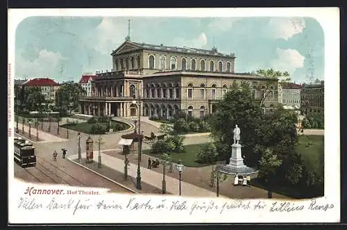 AK Hannover, Hof-Theater mit Denkmal und Strassenbahn