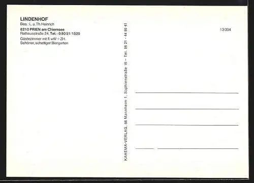 AK Prien am Chiemsee, Gasthaus Lindenhof, Bes. L. u. Th. Heinrich, Rathausstr. 24