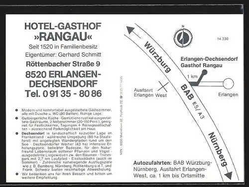 AK Erlangen-Dechsendorf, Gasthof Rangau, Bes. Gerhad Schmitt, Röttenbacher Str. 9