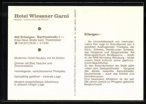 AK Erlangen, Hotel Wiessner Garni, Aussen- und Innenansichten