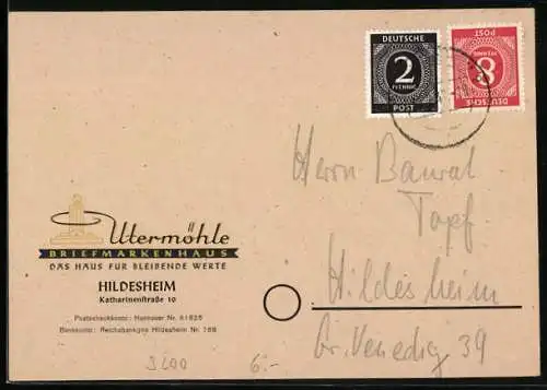 AK Hildesheim, Korrespondenzkarte Briefmarkenhaus Utermöhle, Katharinenstrasse 10