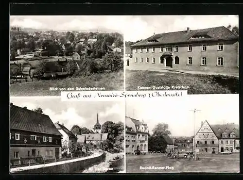 AK Neusalza-Spremberg, Blick v. d. Schmiedesteinen, Konsum-Gaststätte Kretscham, An der Spree, Rudolf-Renner-Platz