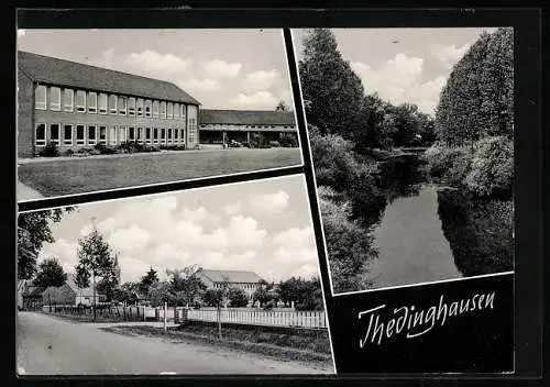 AK Thedinghausen, Strassenpartie, Schule und Fluss mit Brücke