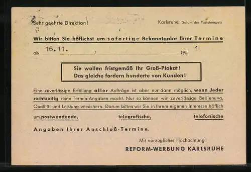 AK Karlsruhe /Baden, Korrespondenzkarte von Reform-Werbung