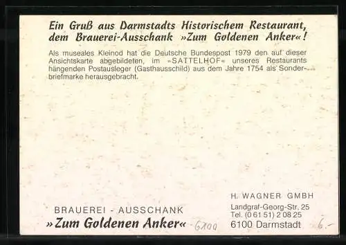 AK Darmstadt, Brauerei-Ausschank Zum Goldenen Anker, H. Wagner GmbH, Landgraf-Georg-Str. 25, Innenansicht