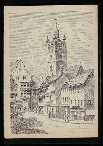 Künstler-AK Darmstadt, Pädagogstrasse mit Stadtkirche