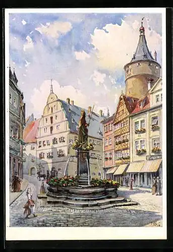 Künstler-AK Kitzingen /Main, Marktplatz mit Brunnen