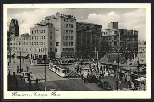 AK Hannover, Europa-Haus mit Geschäftshaus von Sprengel und Strassenbahn