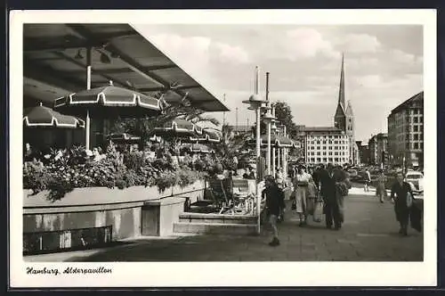AK Hamburg, Strassenpartie mit Cafe Alsterpavillon und Kirche