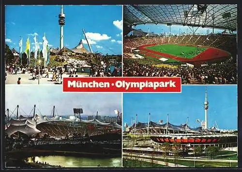 AK München, Olympiagelände der Olympiade 1972 mit Olympiasee, Olympiaschwimmhalle und Olympiaturm, Olympiastadion