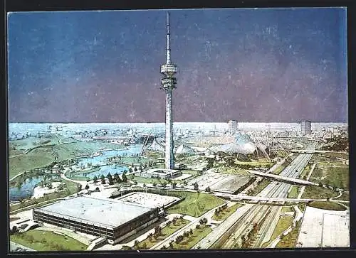 AK München, Olympiapark Olympiastadion, Olympiaturm mit Drehrestaurant, Olympiastadion mit Schwimm- und Olympiahalle