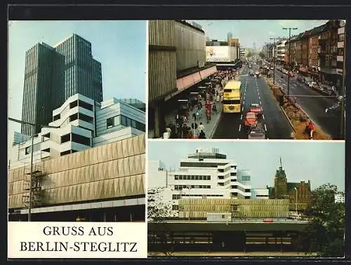 AK Berlin-Steglitz, Strassenpartie mit Geschäften, Hochhaus, Kirche