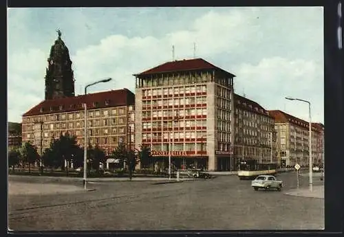 AK Dresden, Ernst-Thälmann-Strasse, Ecke Ringstrasse mit Wohn- u- Geschäftsbauten