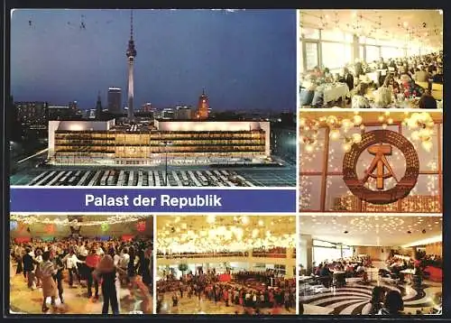 AK Berlin, Palast der Republik, Palastrestaurant, Emblem Eingangsfoyer, Fernsehturm, Erichs Lampenladen