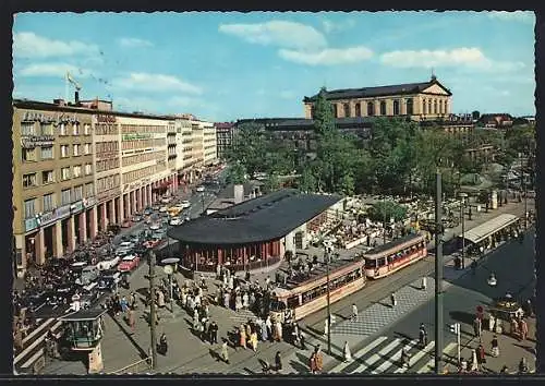 AK Hannover, Cafe am Kröpcke mit Opernhaus aus der Vogelschau, Strassenbahn