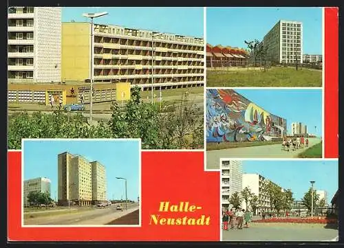 AK Halle-Neustadt, Wandgemälde im Wohnviertel, Ortspartie