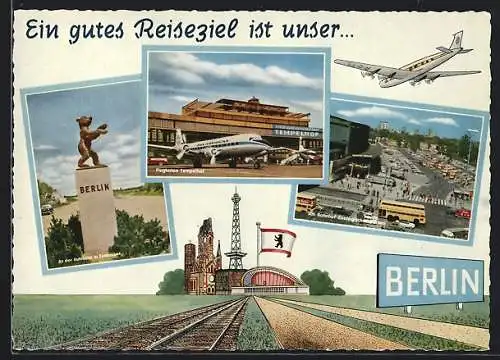 AK Berlin, Bärenstatue an der Autobahn in Zehlendorf, Flughafen Tempelhof, Bahnhof Zoologischer Garten