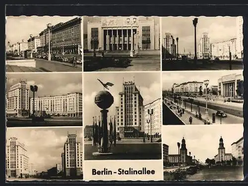 AK Berlin, Stalinallee mit Passanten, Sporthalle, Denkmal