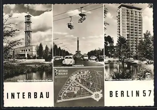 AK Berlin, Interbau 1957, Kaiser Friedrich-Gedächtniskirche, Seilbahn mit Siegessäule, Hochhaus im Hansaviertel