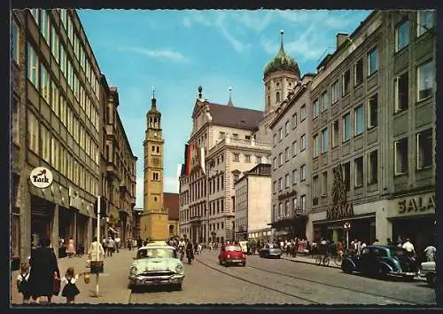 AK Augsburg, Untere Maximilianstrasse mit Rathaus & Perlachturm