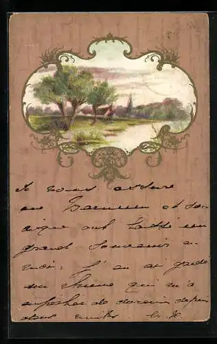 Holzbrand-Imitations-AK Uferlandschaft mit Bäumen