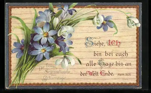 Holzbrand-Imitations-AK Blaue Blumen im Bund, Siehe, ich bin bei euch..., Geburtstagsgruss
